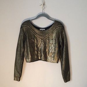 Sexy Lucy Paris crop black sweater with gold bronze painted tone Sz small.